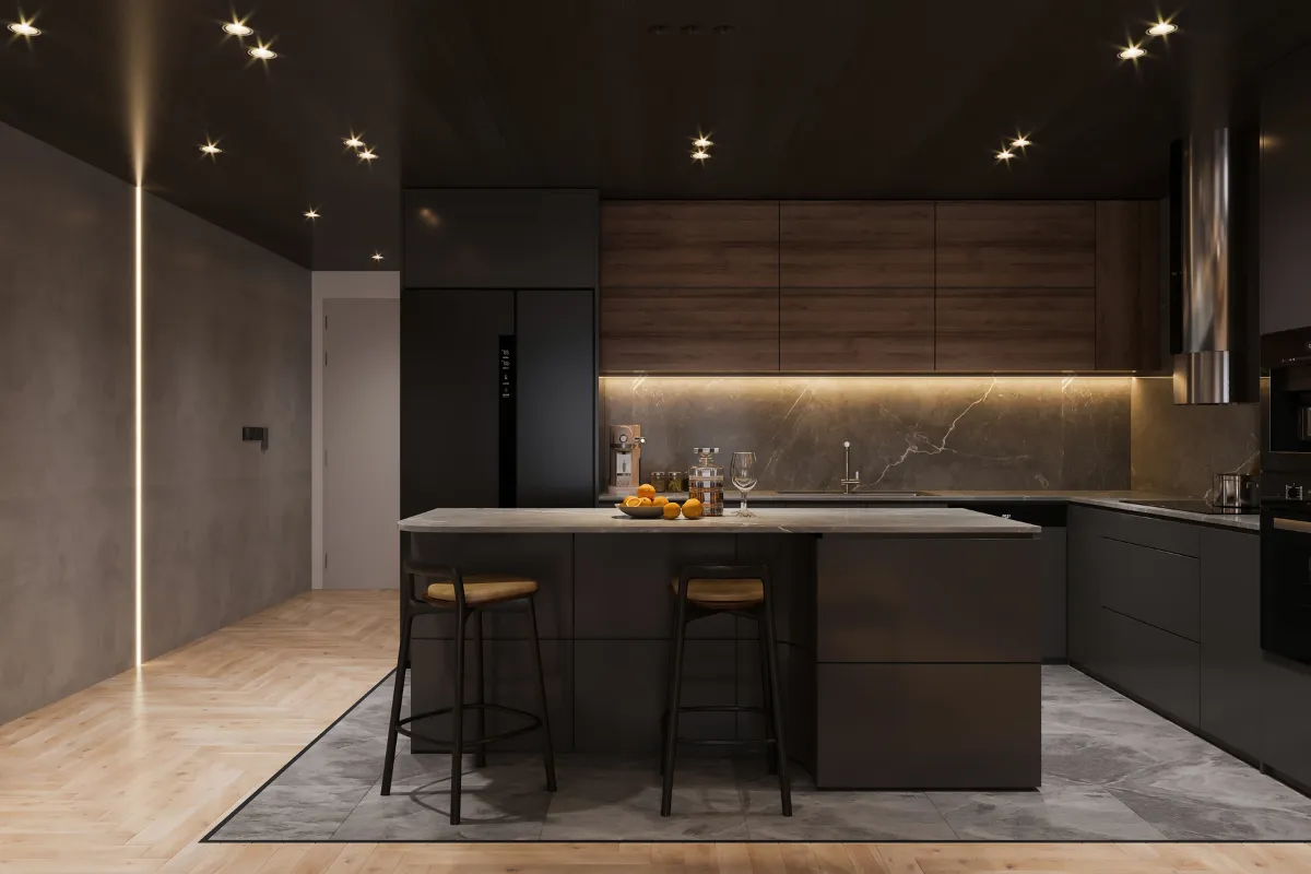 Modern island kitchen with matte finish, soft-close hardware, and integrated hob