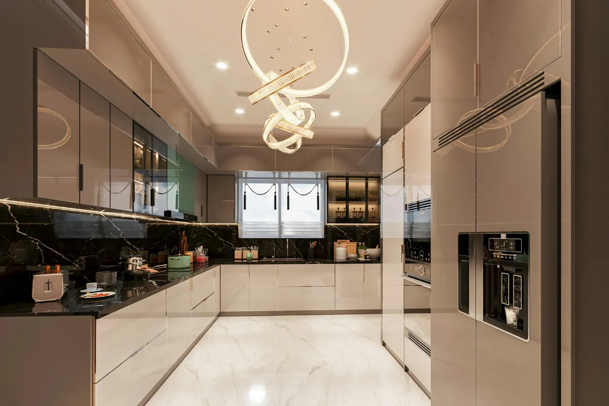 U-shaped kitchen with wooden laminate finish, tall unit, chimney hood, and breakfast counter
